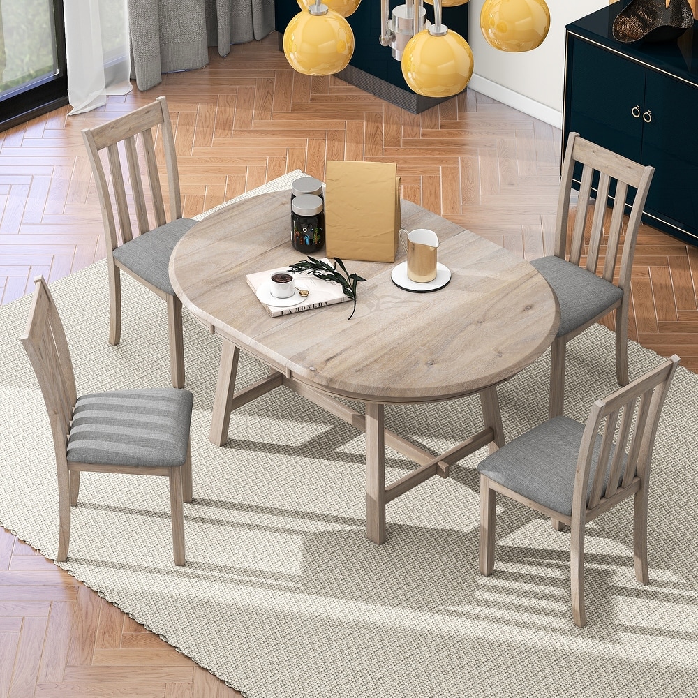 5 Piece Wood Dining Table Set Round Extendable Dining Table with 4 Dining Chairs Dining Set for Living Room Kitchen