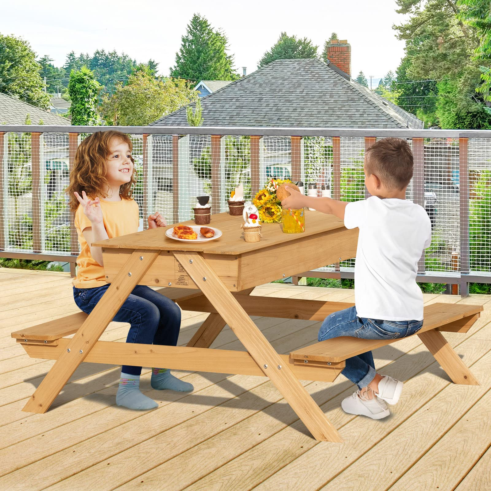 Costzon Kids Picnic Table, 3 in 1 Multipurpose Sand & Water Table w/Removable Top & 2 Storage Boxes