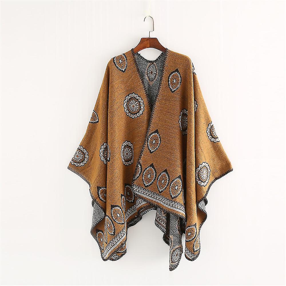 Women's Winter Cape Shawl Scarf Vintage Style Boho Print Fringe Shawl Cardigan1pcs-khaki