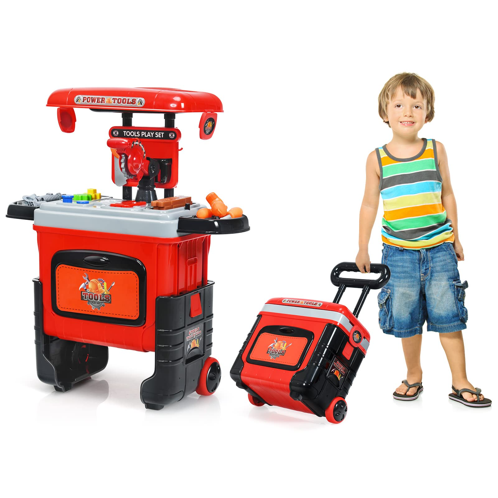 Costzon 2 in 1 Kids Tool Workbench Toy Set, Portable Construction Toy w/ Trolley Case Set for Toddlers