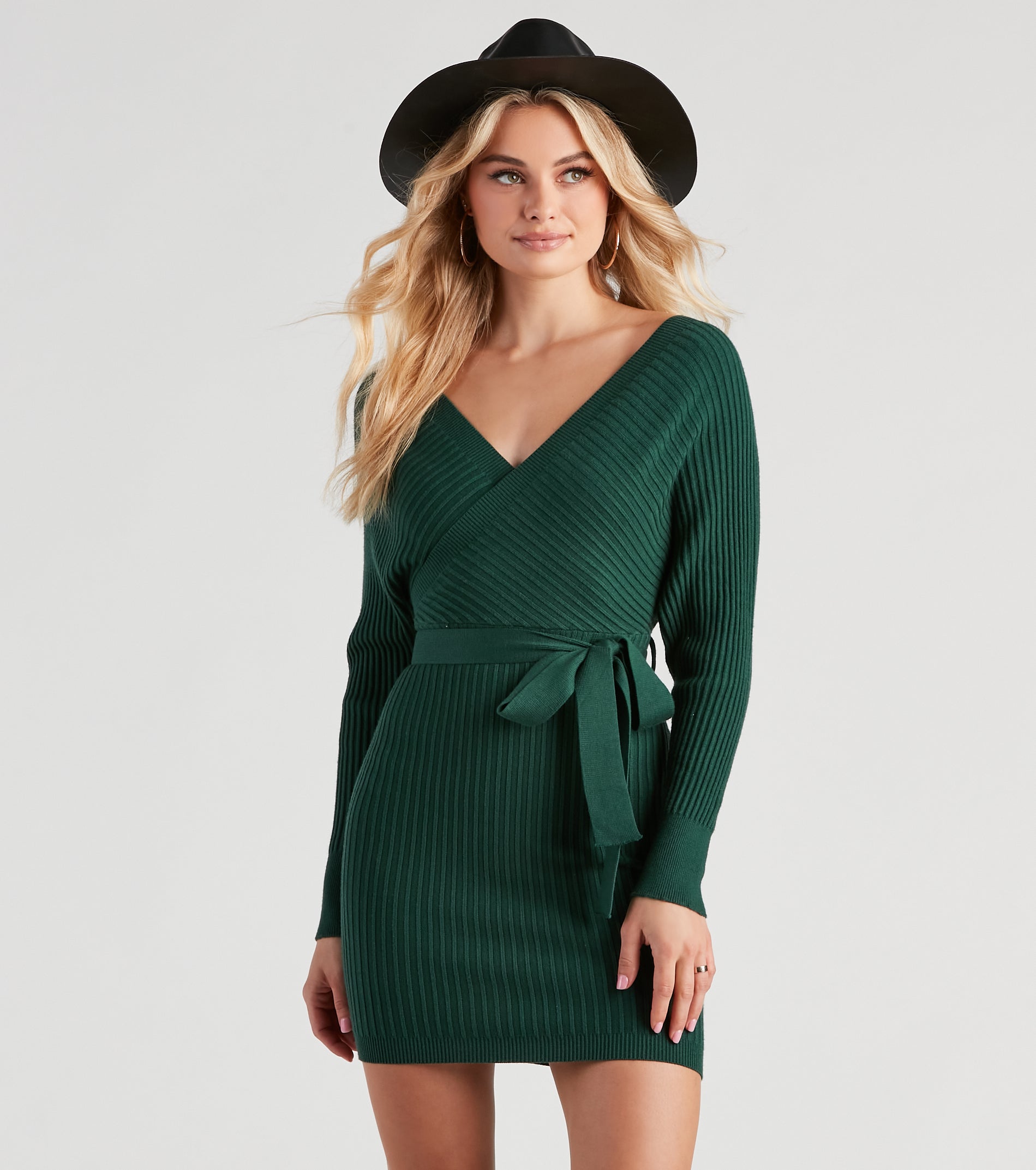 Ribbed Knit Tie-Front Mini Sweater Dress