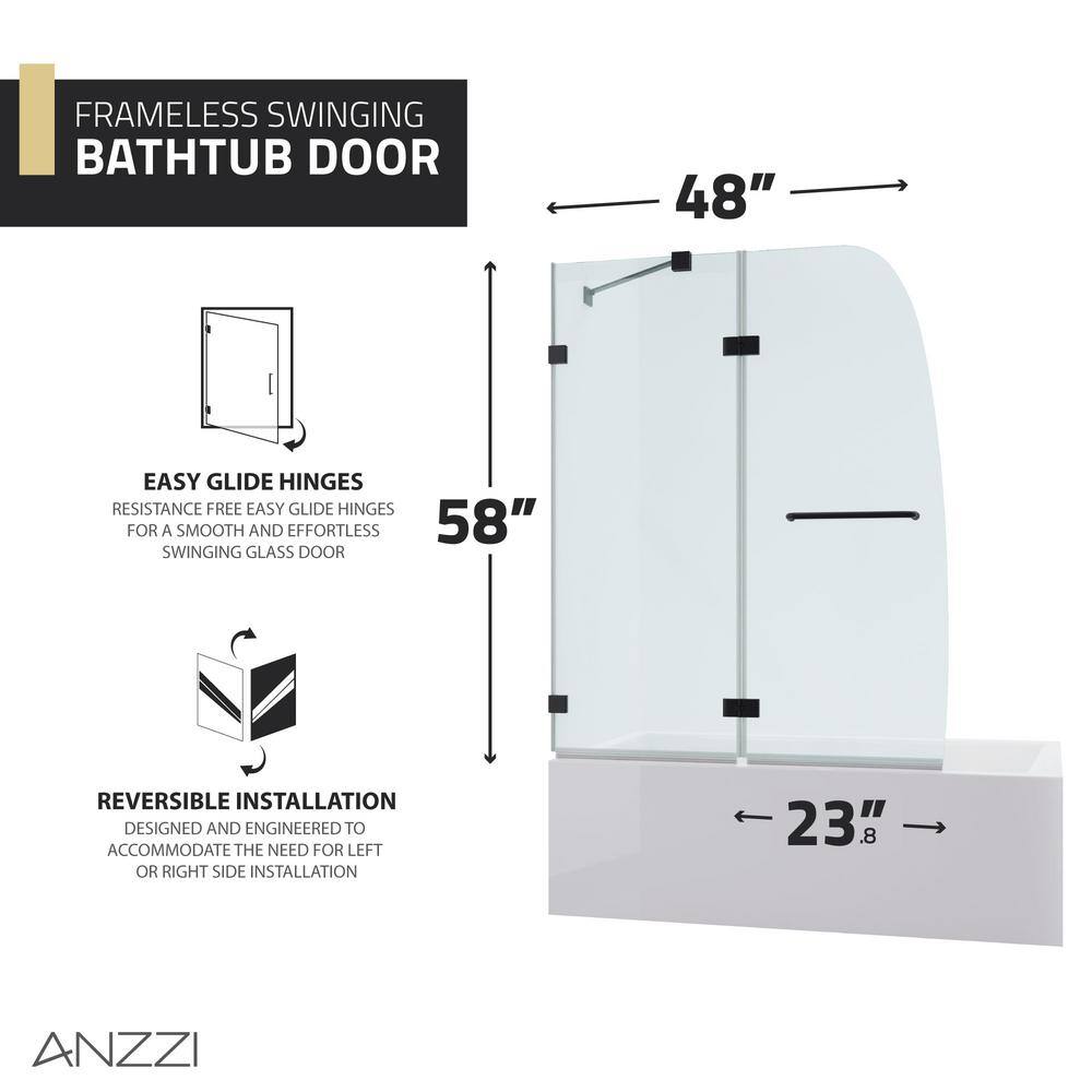 ANZZI Pacific 48 in. W x 58 in. H Pivot Frameless Bathtub Door in Matte Black with Clear Glass SD-AZ8076-01MB