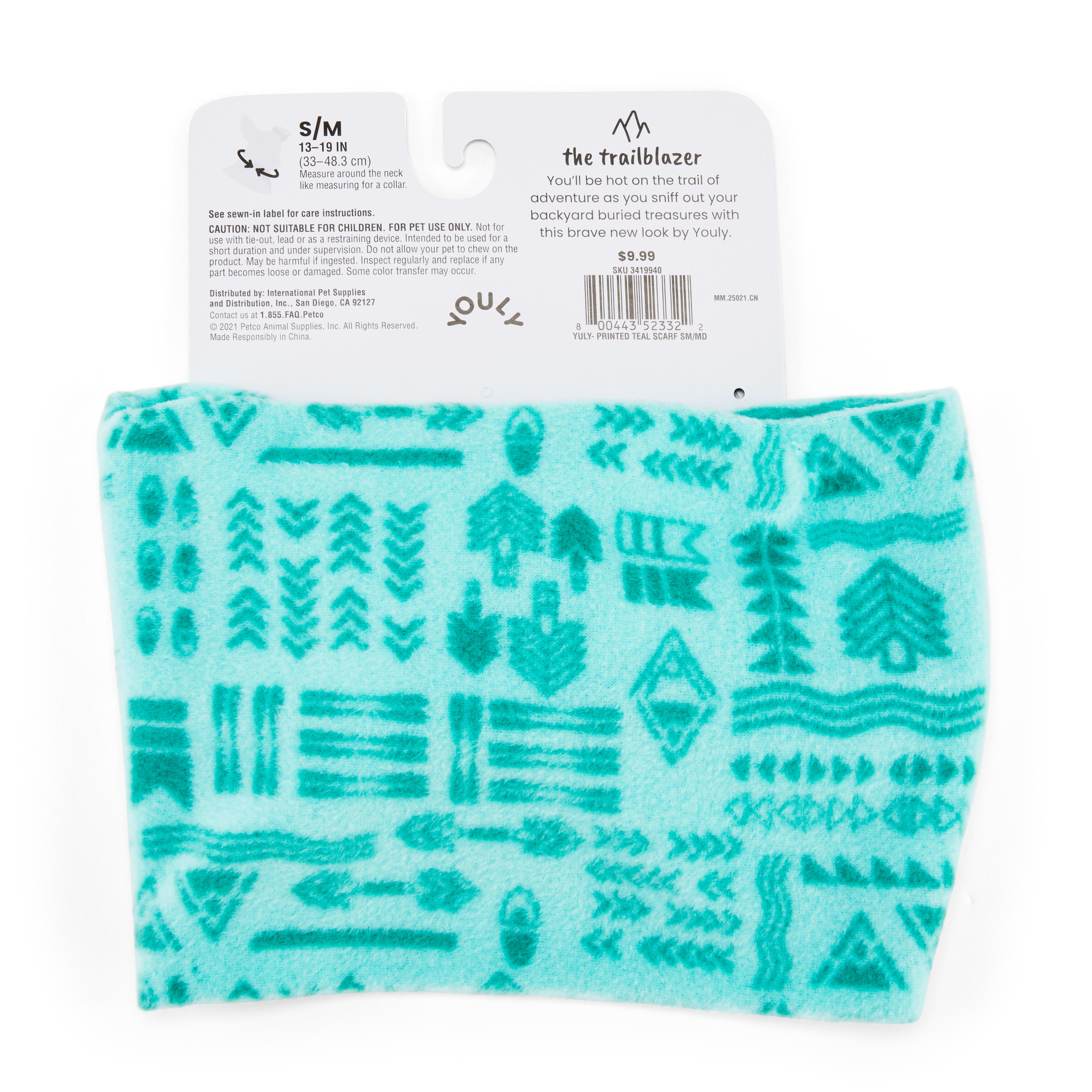 YOULY Printed Teal Dog Scarf， X-Small/Small