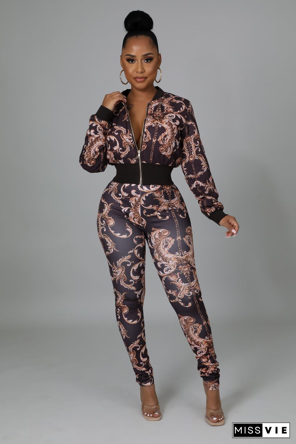 Printed Long Sleeve Zipper Jacket And Pant Suits