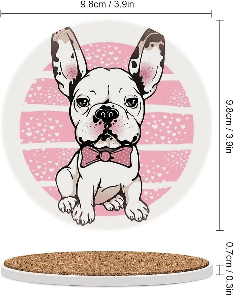 2pcs Round French Bulldog With Bow Ceramic Coasters With Cork-backed For Coffee Drink Cup Mat Absorbent Stone Coasters