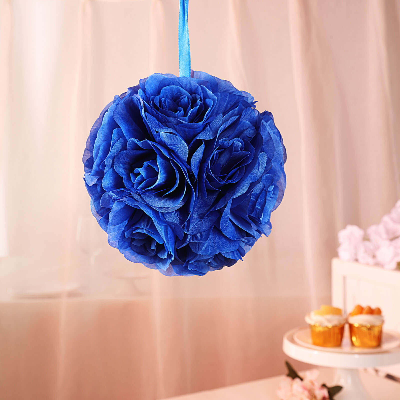 2 Pack Royal Blue Artificial Silk Rose Kissing Ball, Faux Flower Ball 7