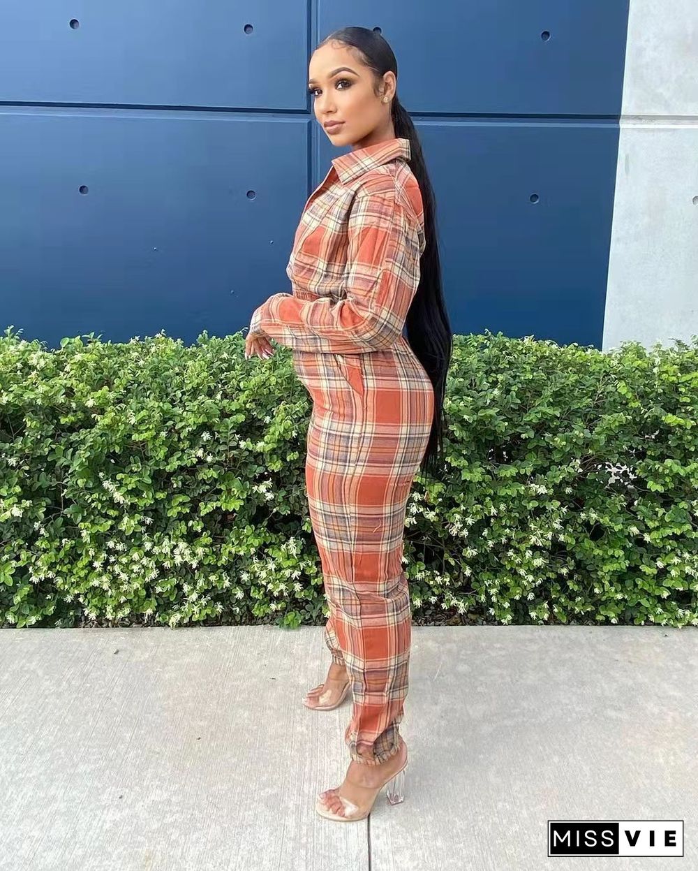 Plaid Print Long Sleeve Zipper One Piece Jumpsuit