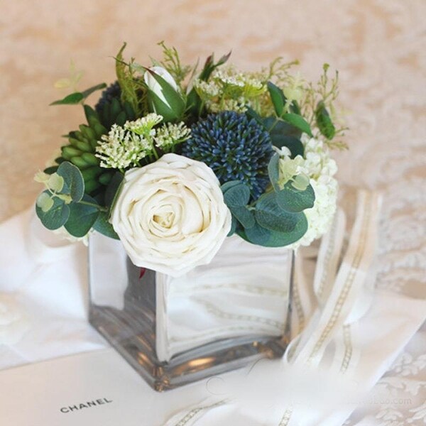 FloralGoods White Blue in Green Flower Arrangement in Glass Vase 9 Tall