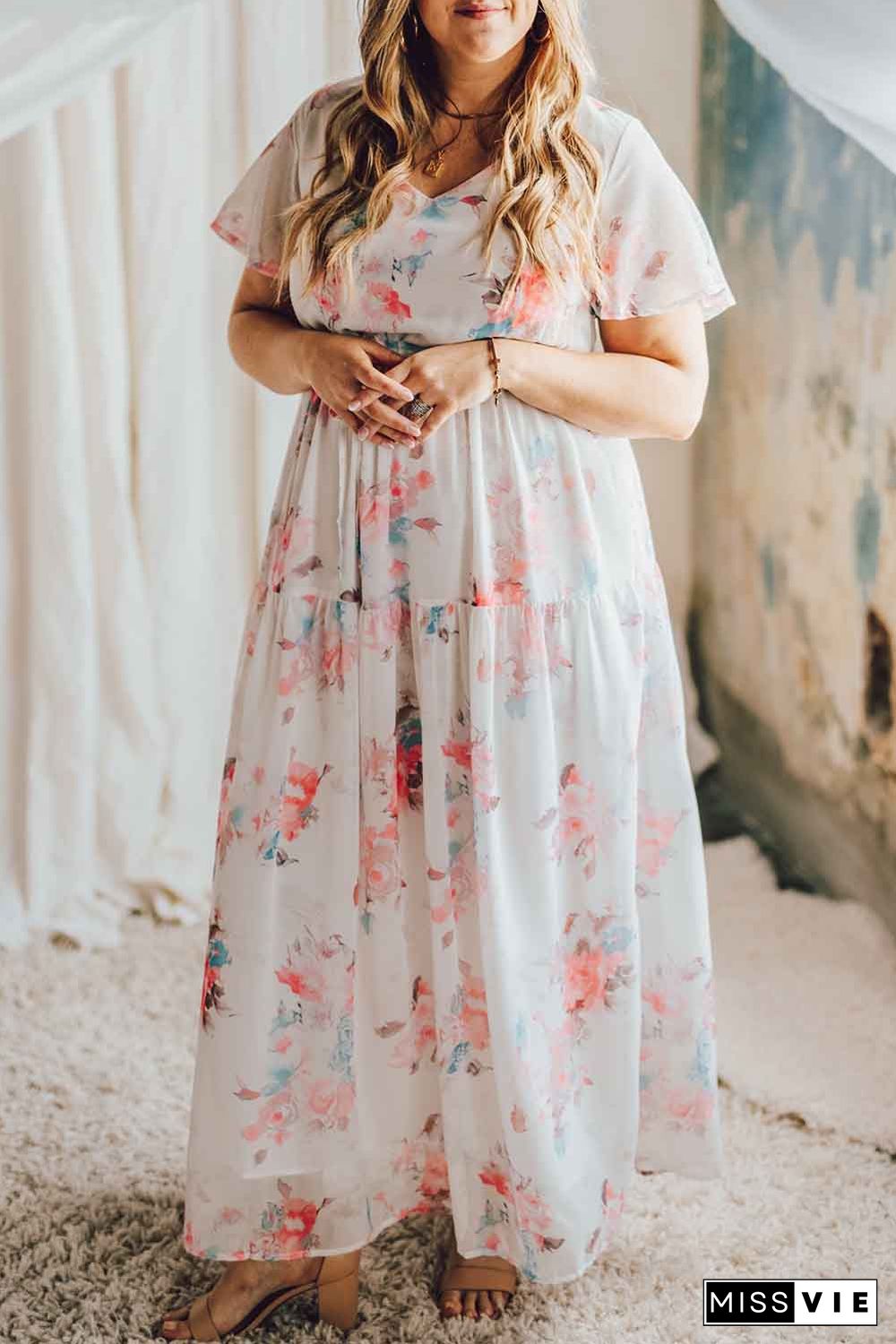 White Floral Print Lace-up High Waist Plus Size Maxi Dress