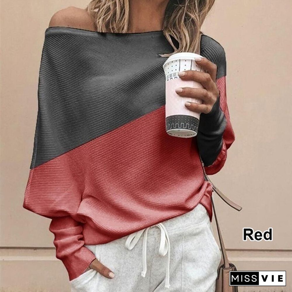 Fashion Women's Sweater Stitching Off-Shoulder Knit Long Sleeve T-Shirt Top Plus Size S-5XL