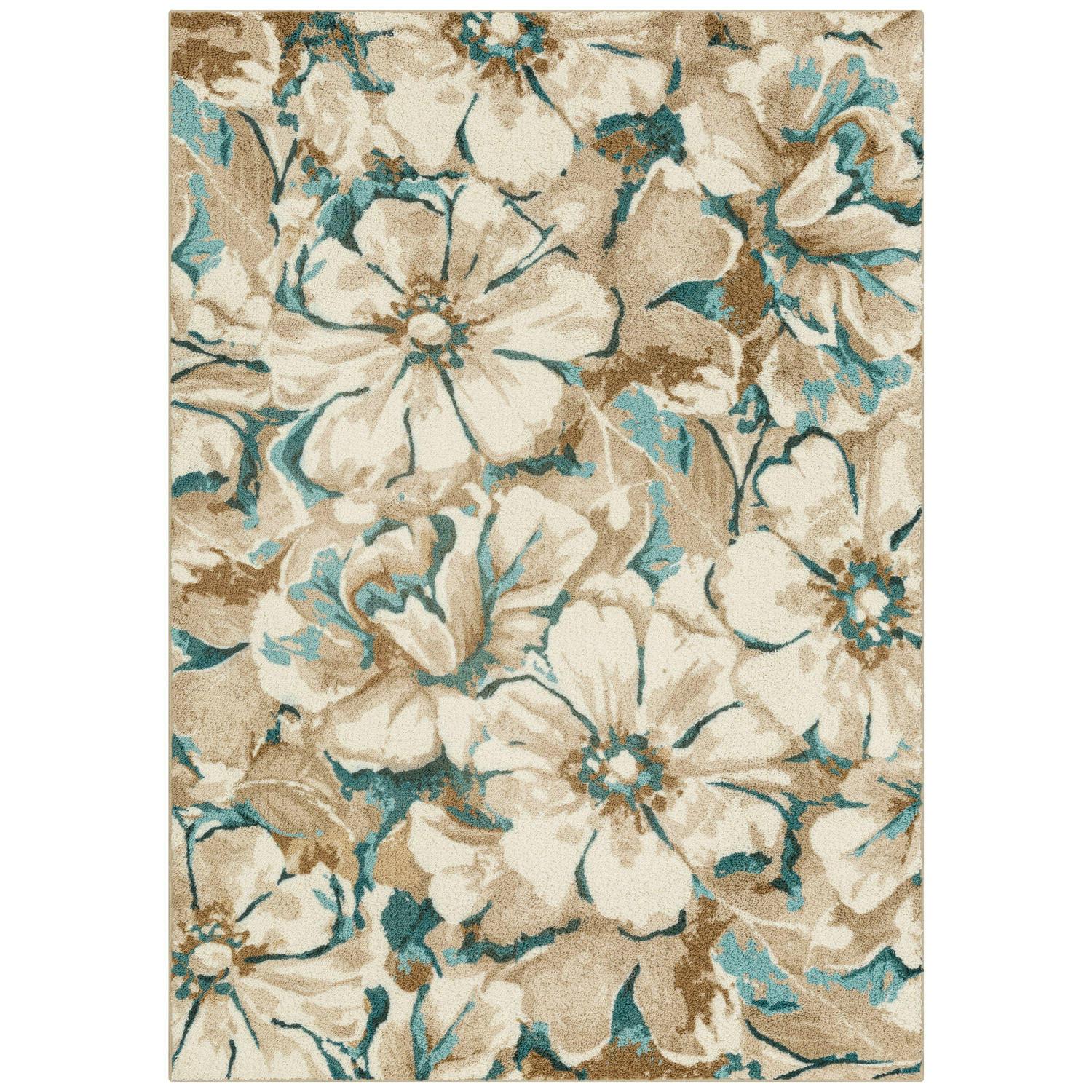 Mainstays Farmhouse Oversized Teal Brown Floral Print Area Rug， 5x7and#8242;