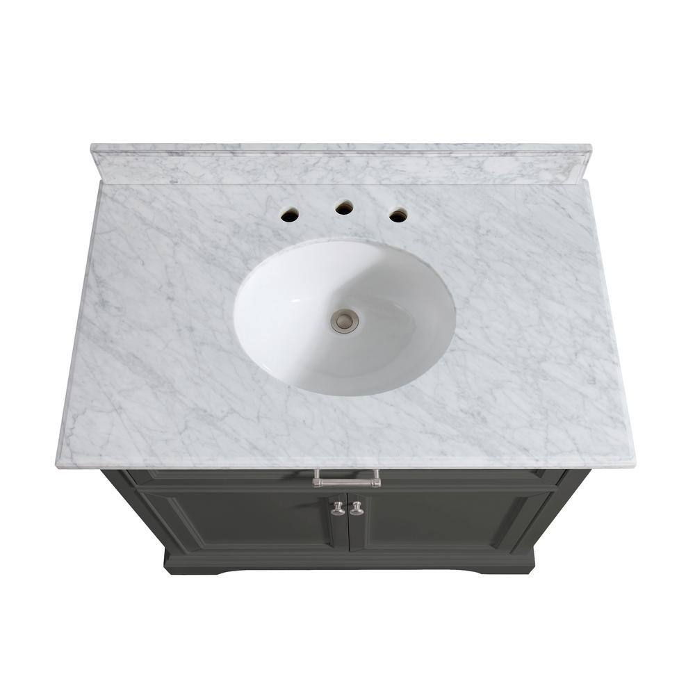 Home Decorators Collection Windlowe 37 in. W x 22 in. D x 35 in. H Bath Vanity in Gray with Carrara Marble Vanity Top in White with White Sink 15101-VS37C-GR