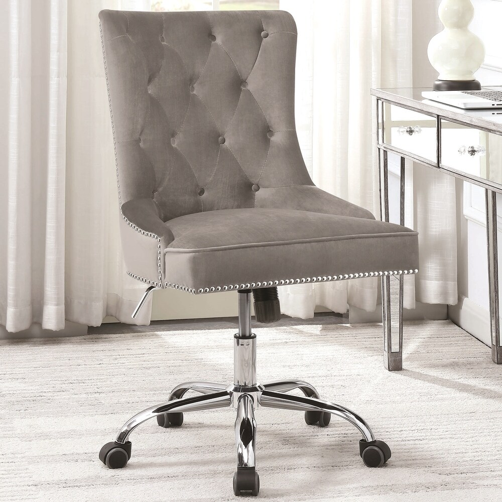 Button Tufted Design Grey Velvet Swivel Adjustable Office Chair with Nailhead Trim