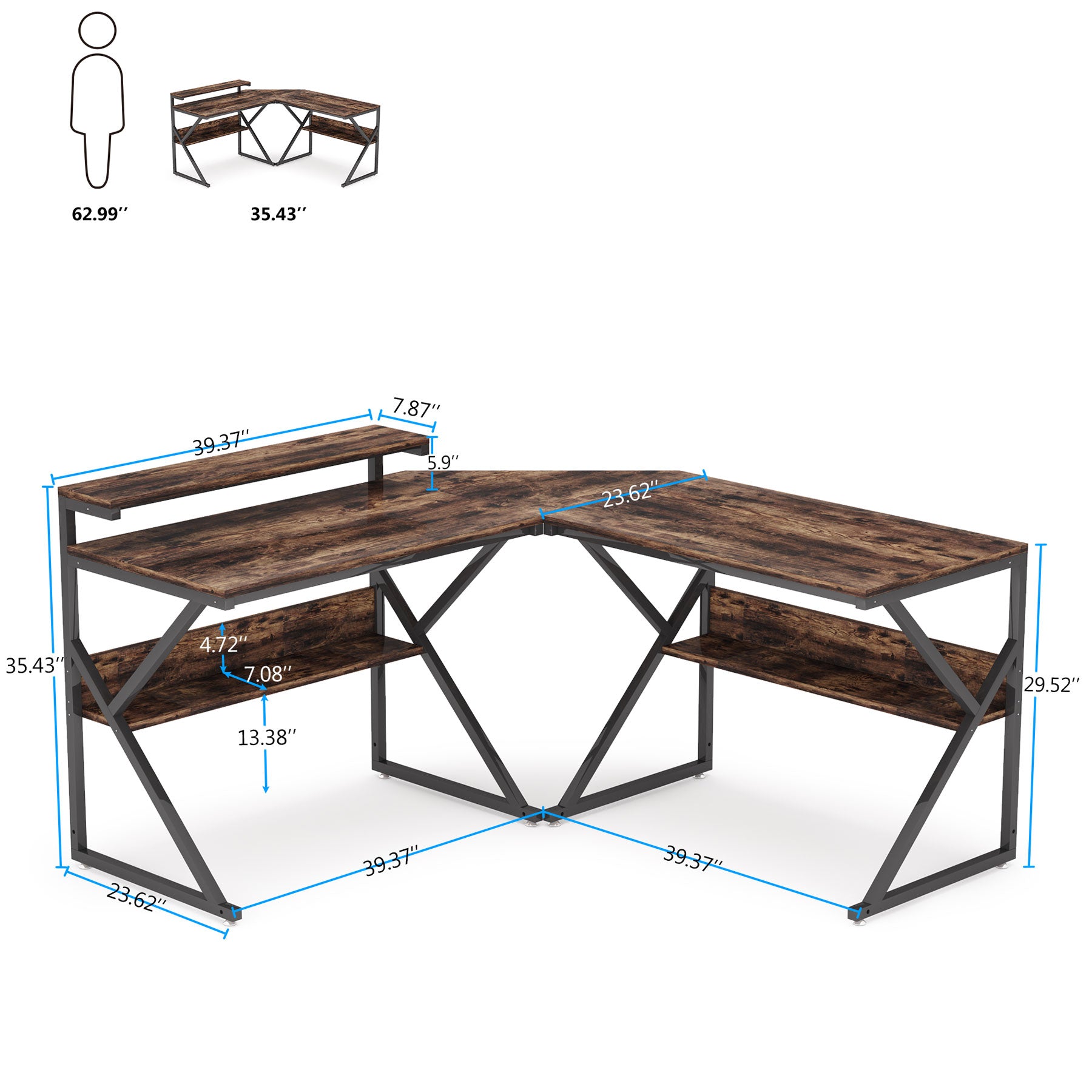 Industrial L-Shaped Desk, 63 inch Corner Computer Desk with Shelves