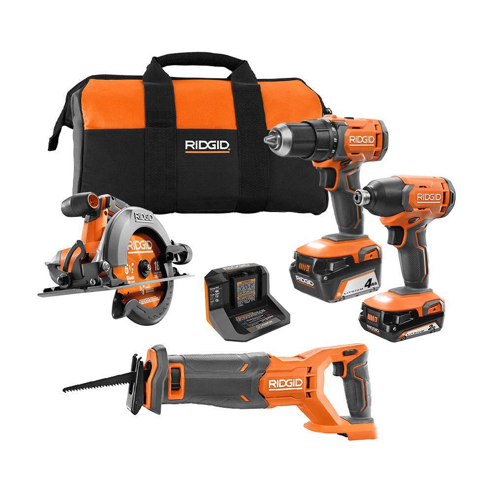 RIDGID 18V Cordless 4-Tool Combo Kit with (1) 4.0 Ah Battery (1) 2.0 Ah Battery Charger and Bag R96256