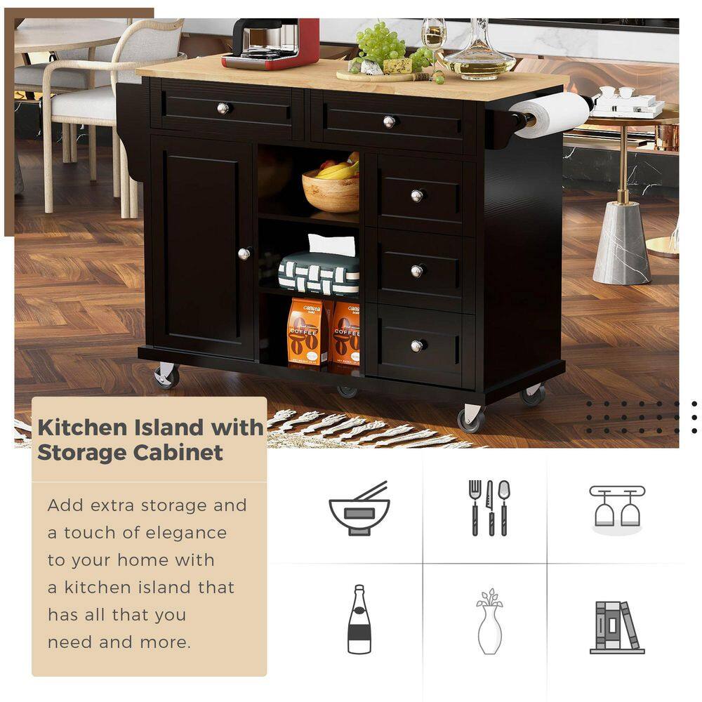 Black Rubber Wood Desktop 52.8 in. W Kitchen Island on 5-Wheels with Storage and 5-Drawers VJ026KIsland6