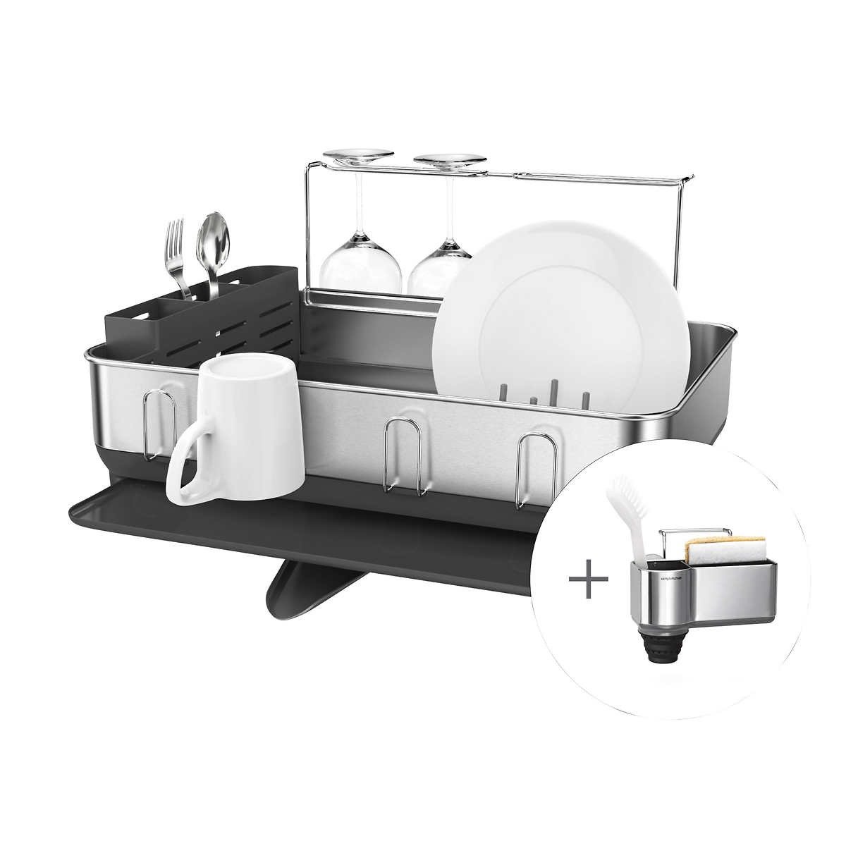 simplehuman Kitchen Dish Drying Rack with Swivel Spout， Dishrack and Sink Caddy