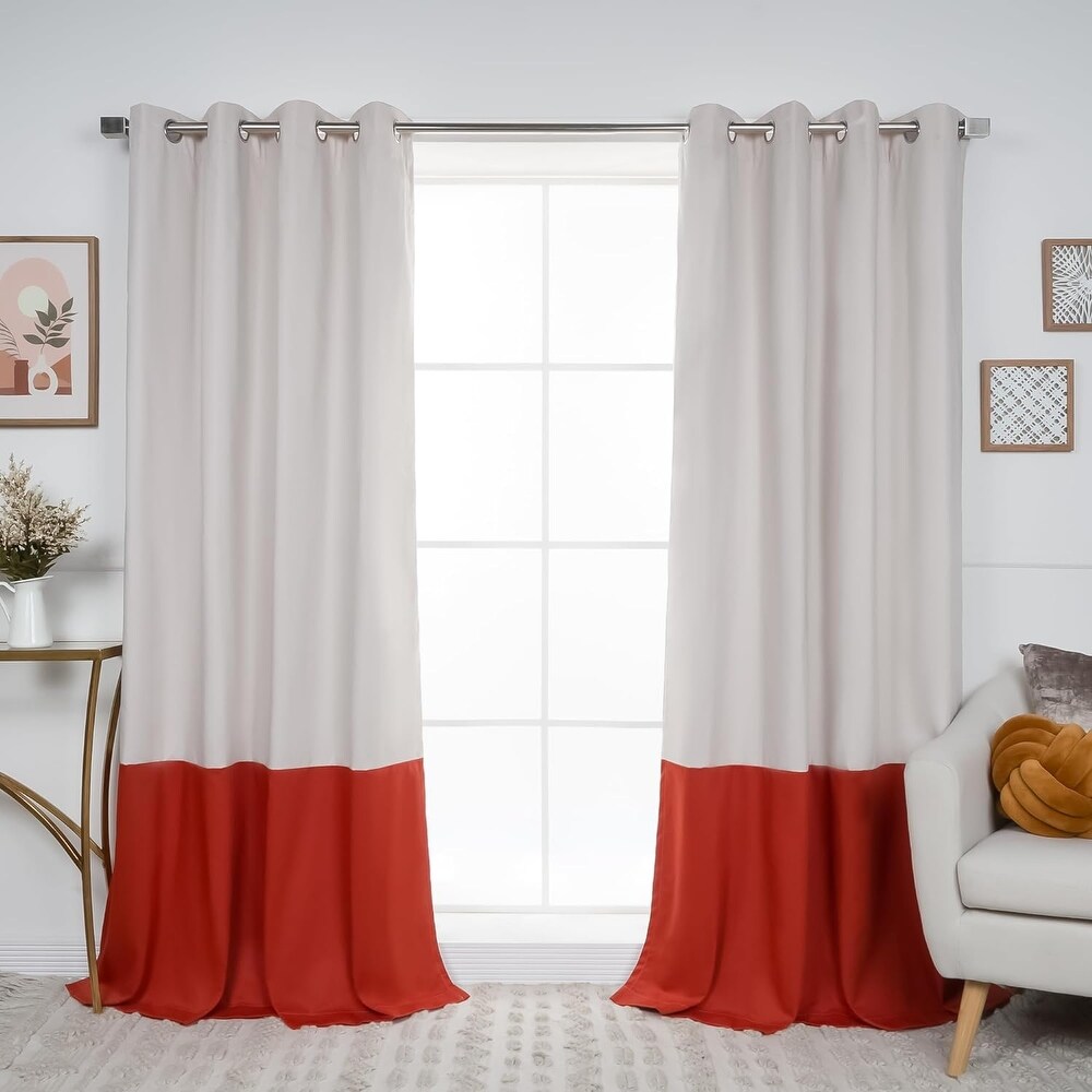 Color Blocked Cotton Blend Blackout Lined Grommet Curtains  Set of 2   84\