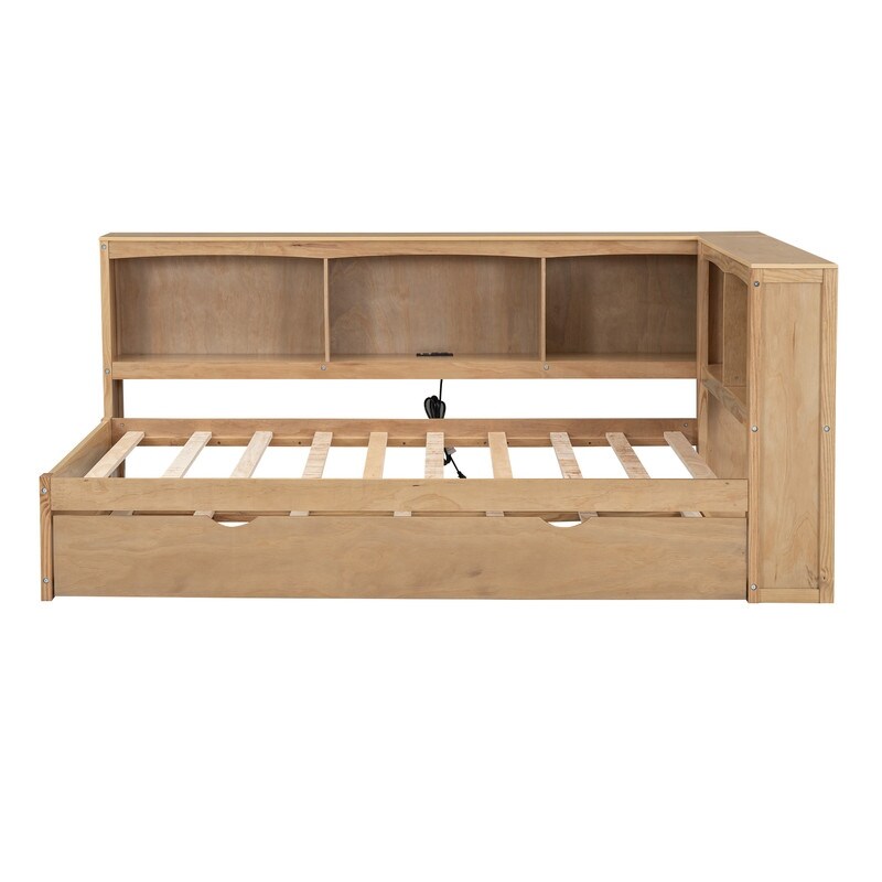 Twin Size Day Bed with Bookcases  Daybed with Trundle USB Ports and 5 Built in Storage Cabinets  Wood