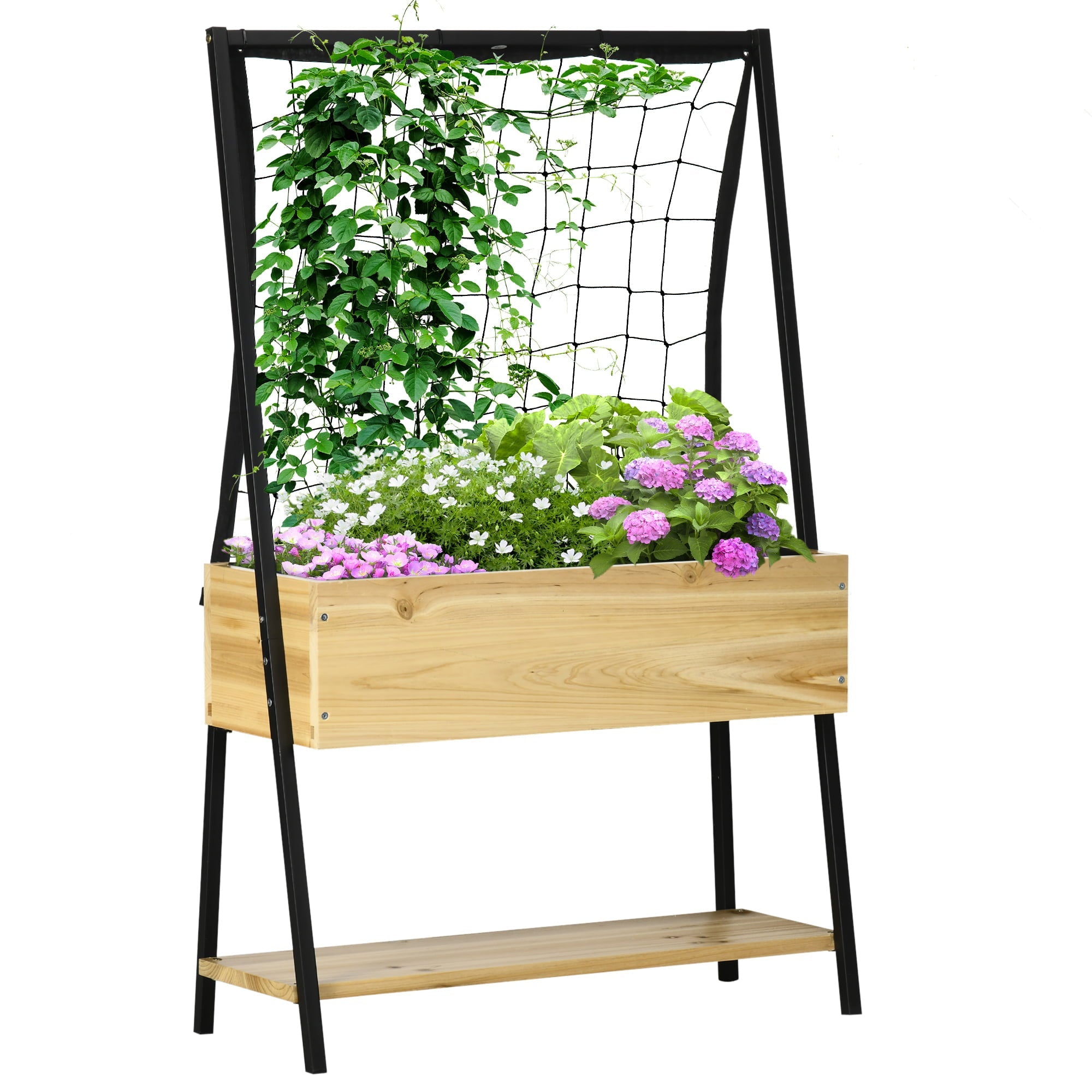 Outsunny Raised Garden Beds w/ Climbing Grid & Lower Shelf, Natural