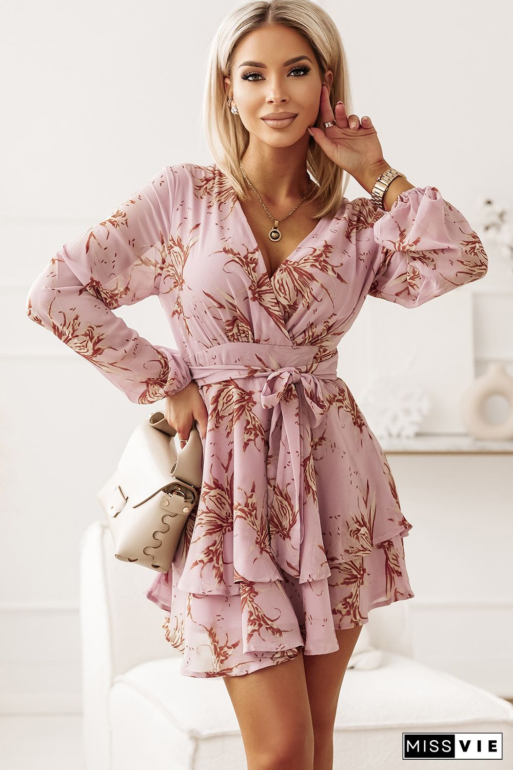 Pink V Neck Baggy Sleeve Waist Tie Double Layer Ruffle Hem Floral Print Short Dress