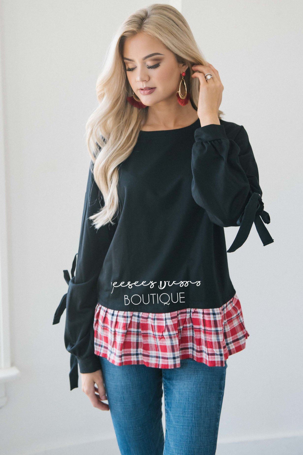 Tie Sleeve Plaid Ruffle Hem Sweater