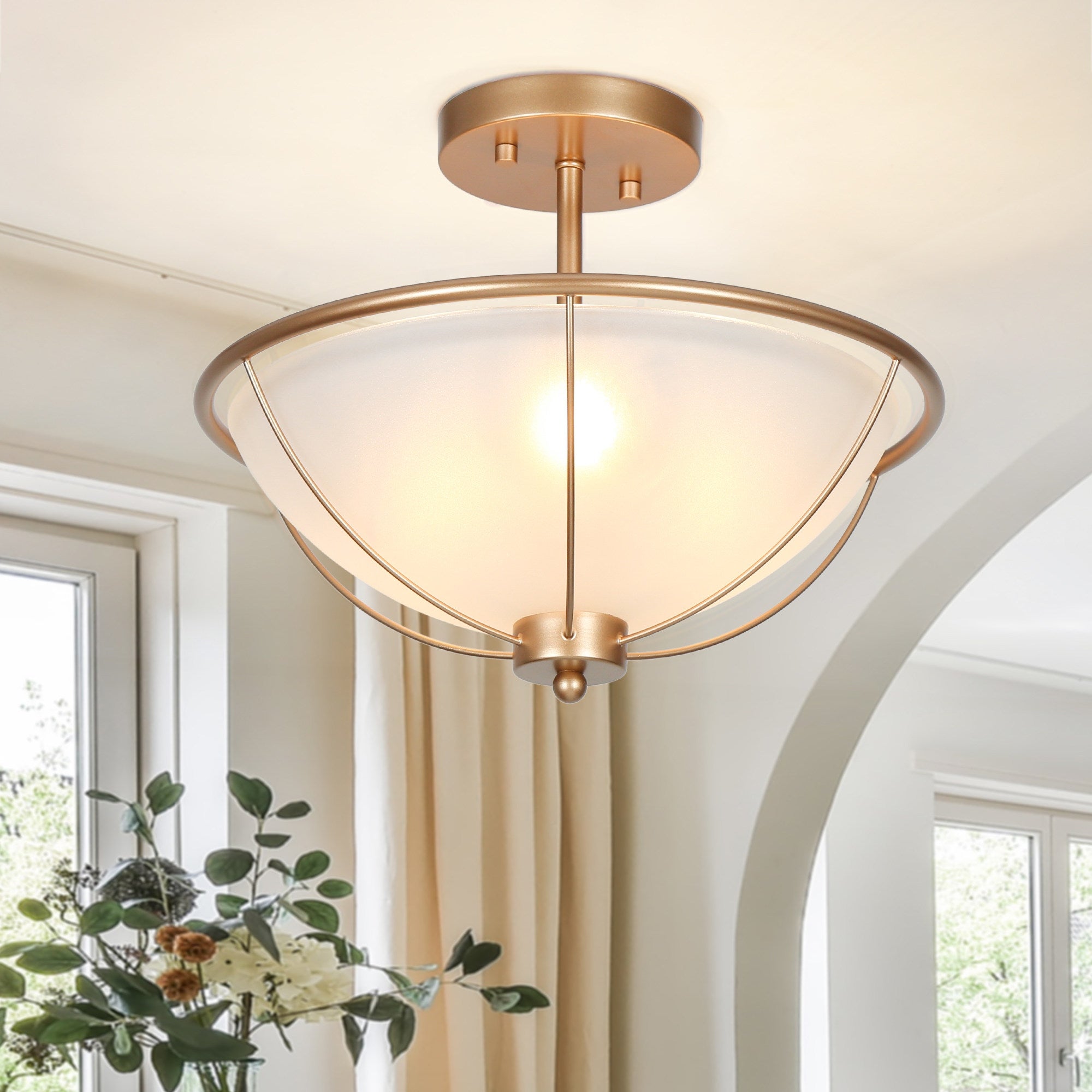 Modern Gold 3-Light Glass Semi-Flush Ceiling Mount Light with Bowl Shape - 13 D x 11 H