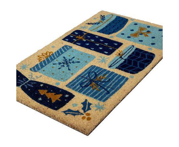 X 2 x27 4 quot Christmas Presents Indoor outdoor Coir Doormat Blue gold Entryways