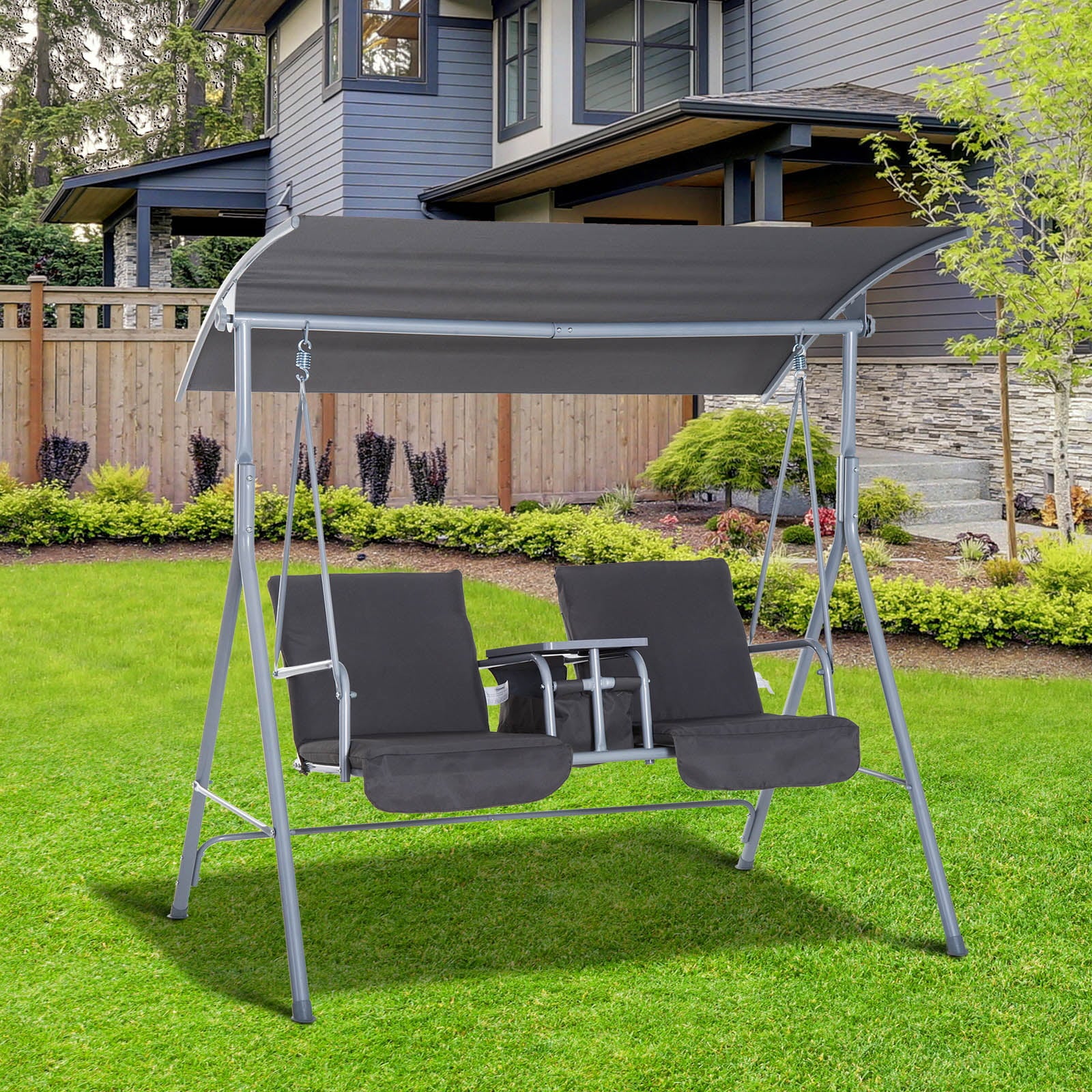 Outsunny 2 Person Porch Covered Swing Outdoor with Canopy, Table and Storage Console, Gray, Deck Swings