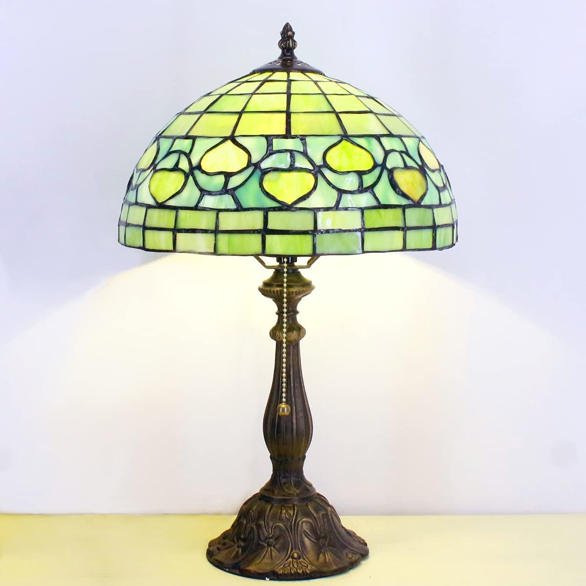 SHADY Tiffany Style Table Lamp W12H19 inch Green Stained Glass Antique Bedside Nightstand Desk Reading Lamp Work Study Desktop Light Decor Home Kids Bedroom Living Room Office Pull Chain