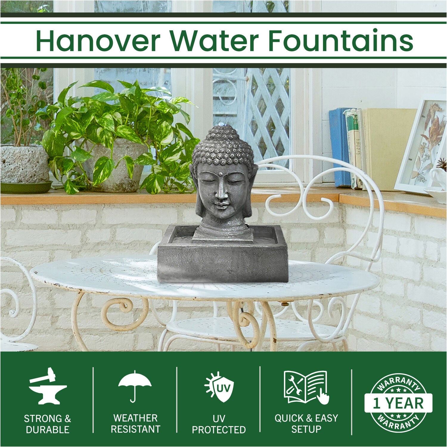 Hanover 20.5-In. Buddha Head Indoor or Outdoor Garden Fountain with LED Lights for Patio， Deck， Porch， HAN018BUDDHA-01