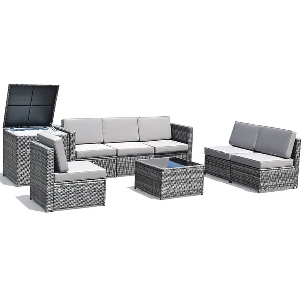 Outdoor 8PCS Rattan Wicker Sectional Cushioned Sofa Storage Table