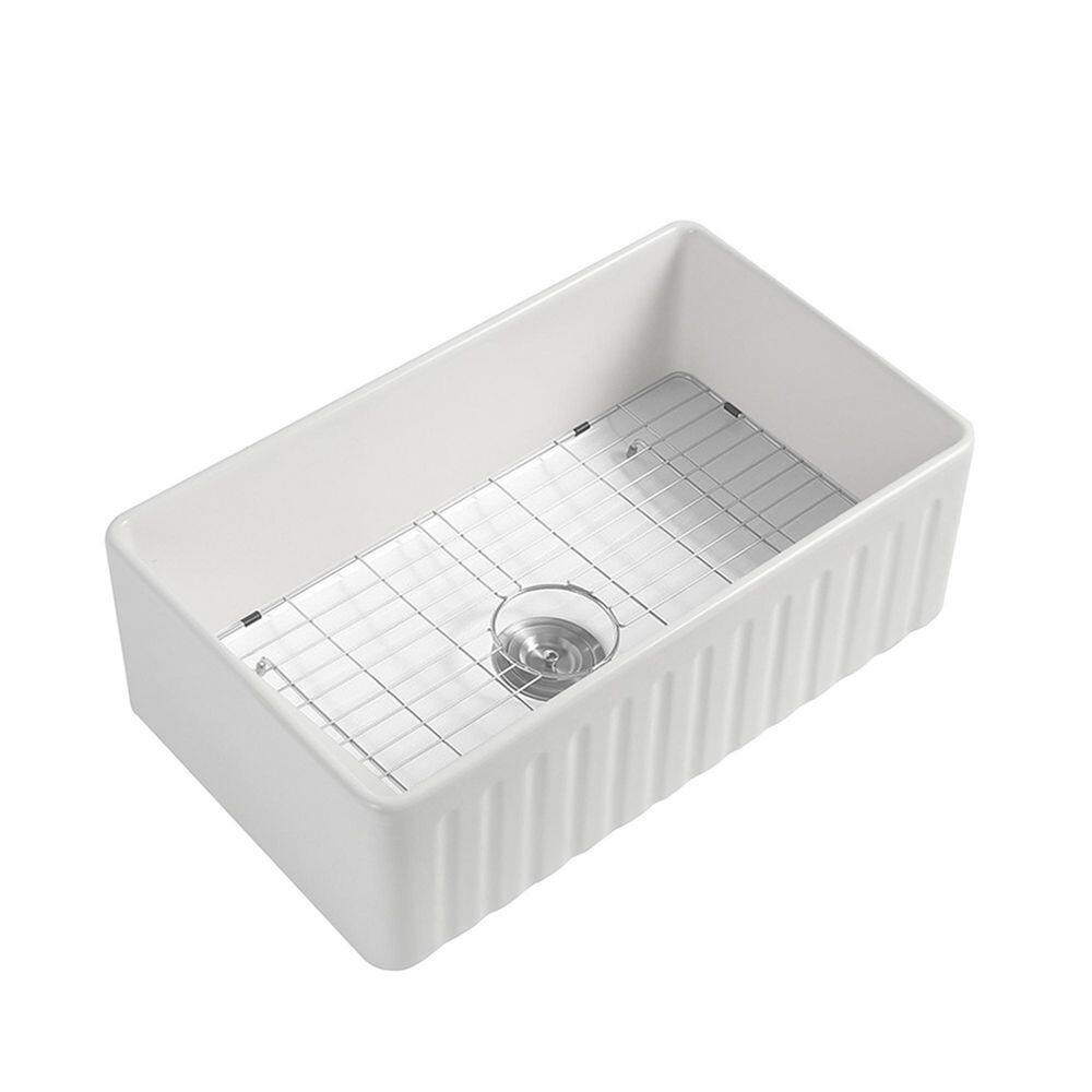 JimsMaison White Fireclay 36 in. Single Bowl Farmhouse Apron Kitchen Sink with Bottom Grid JMWAKS10-3620X