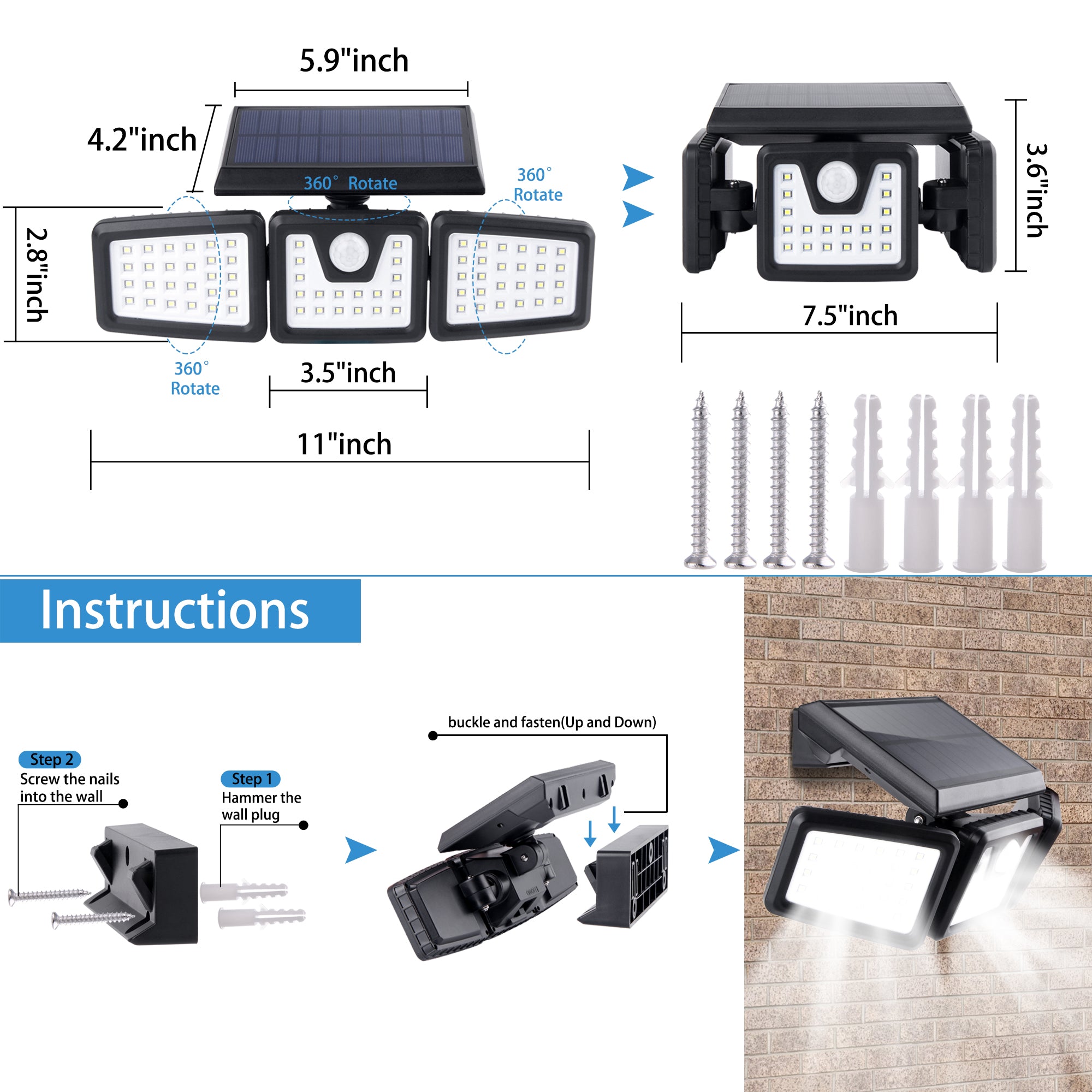 2000 Lumen Triple Head Solar Security Light - Motion Activated