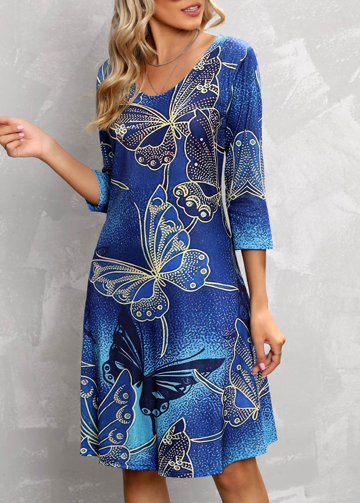 Butterfly Print 3/4 Sleeve Blue Dress