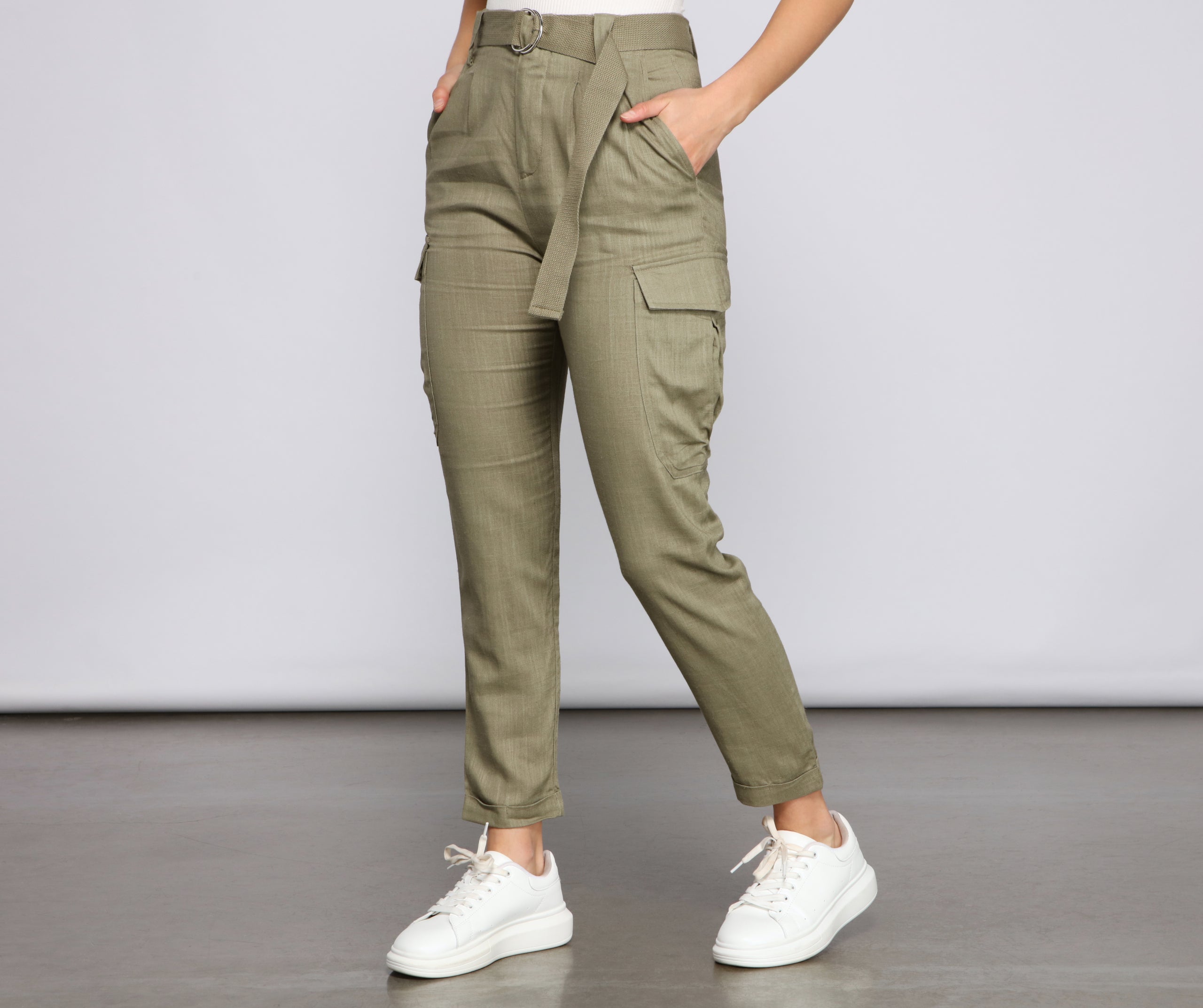 High Waist Linen Cargo Pants