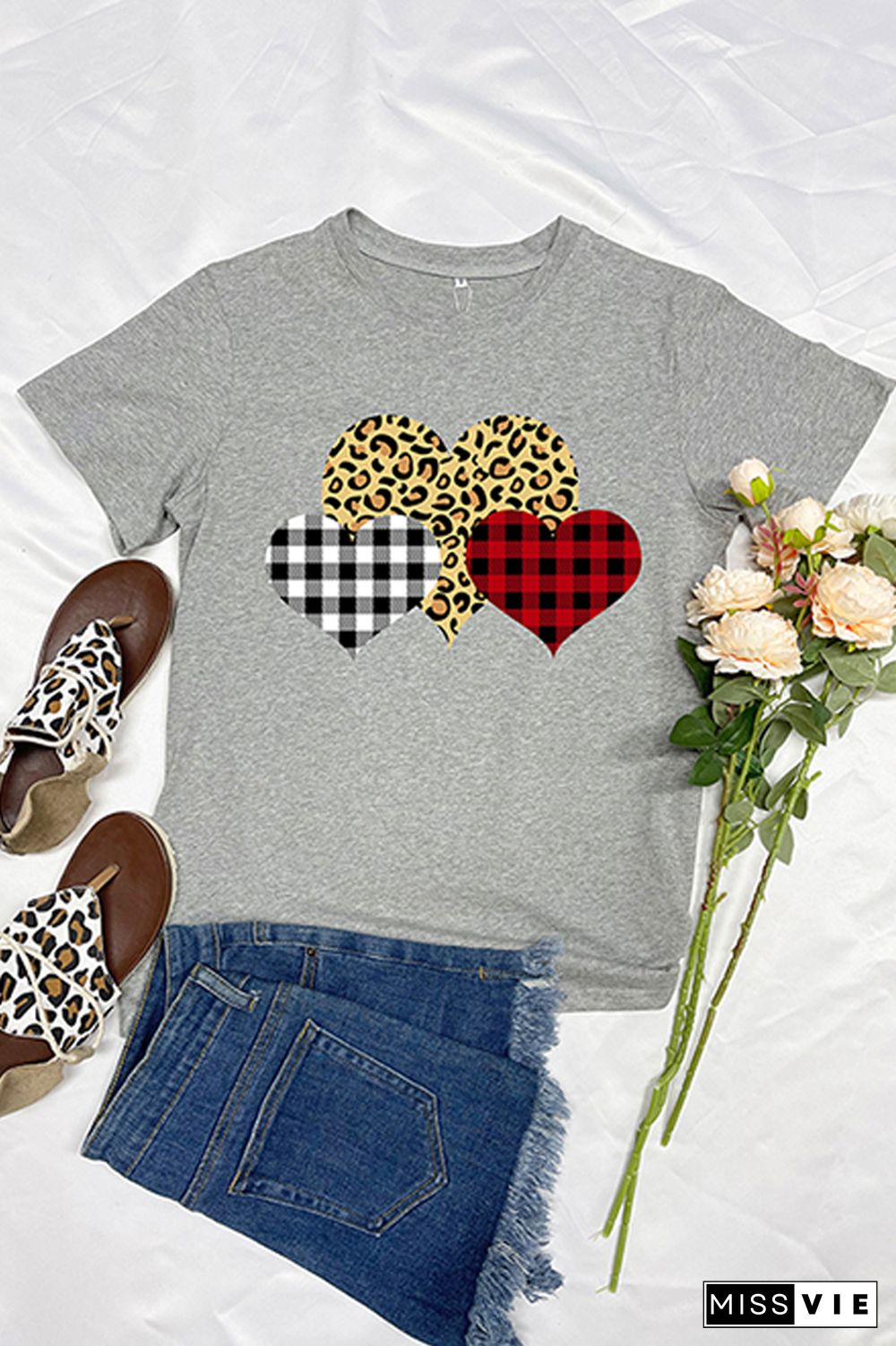 Grey Plaid Leopard Heart Valentine's Day Top Graphic Tee Wholesale