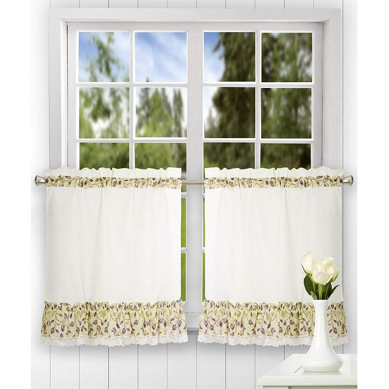 Clarice High Quality 2-Piece Leafy Branch Patterned Ruffled Tier Pair Window Curtains