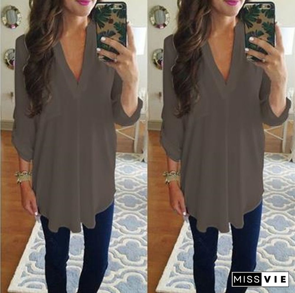 Plus Size S-8XL Women's Fashion Casual Chiffon Tops V-neck Solid Color Ladies Sexy Long Sleeve Shirt Loose Tops T Shirt Blouse