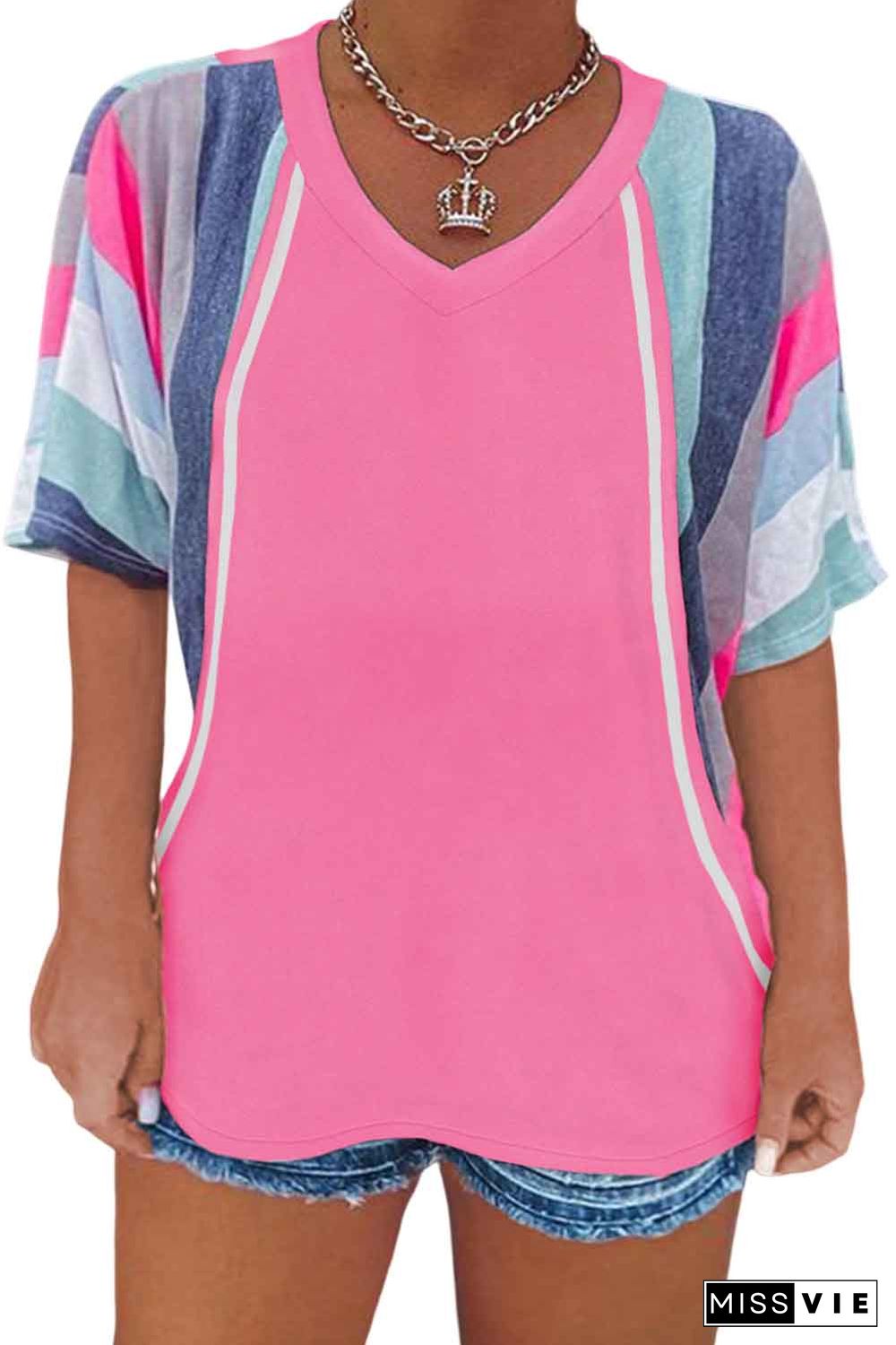 Pink Striped Patchwork Short Sleeve V Neck Plus Size T-Shirt