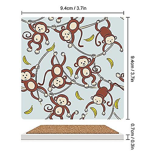 Colourlife Monkey And Banana Vines Printed Square Ceramic Coaster For Drinks With Cork Base For Coffee Cups Place Mats For Home Decor Set Of 4 Pieces