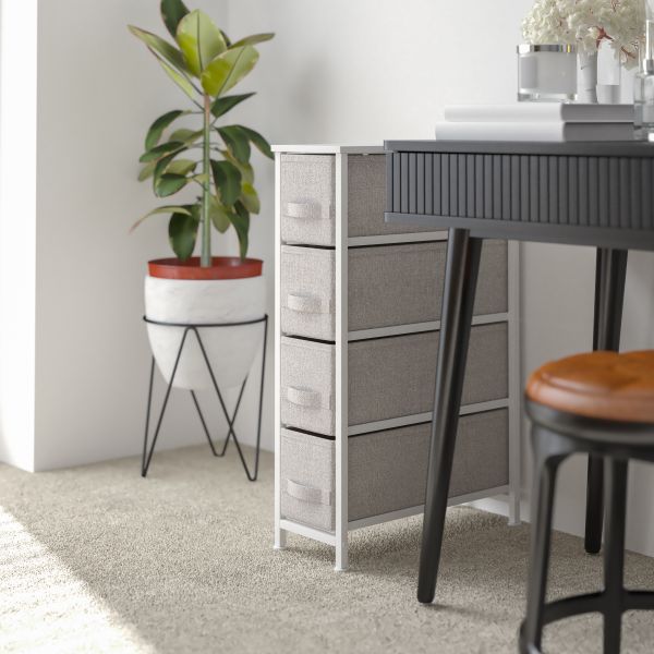 Harris 4 Drawer Slim Wood Top White Cast Iron Frame Dresser Storage Tower with Light Gray Easy Pull Fabric Drawers