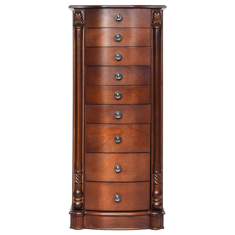 Dark Walnut Large Standing Jewelry Armoire Cabinet with 8 Drawers & 2 Swing Doors, 16 Hooks, Top Mirror Boxes