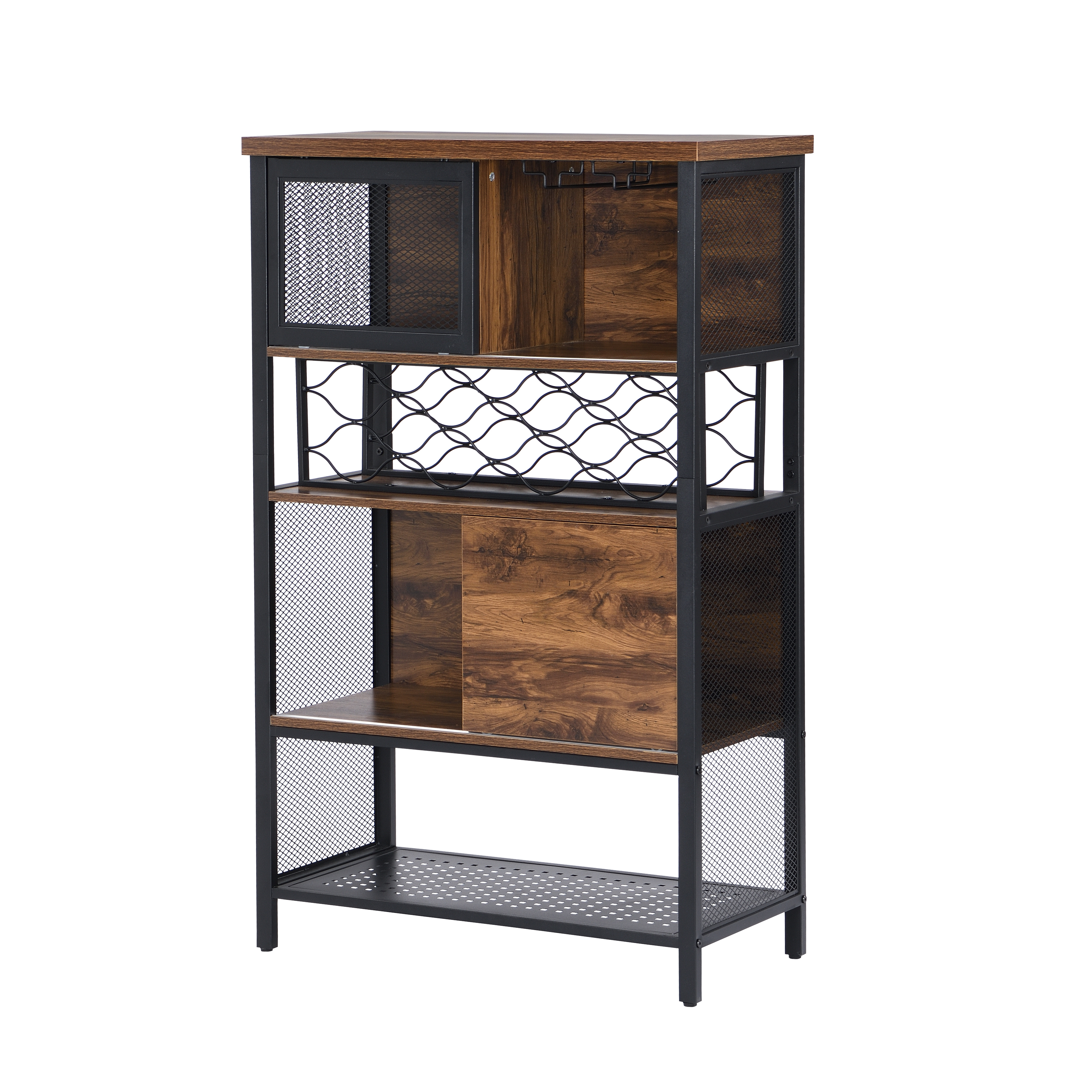 Brown Kitchen Storage Cabinet， Industrial Bar Cabinet with Wine Rack for Liquor and Glasses， 5-Tier Sideboard Buffet for Kitchen Dining Room with Sliding Door and Shelves