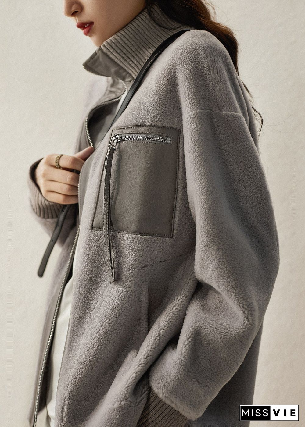 Stylish Grey Oversized PU Patchwork Wool Coat Fall