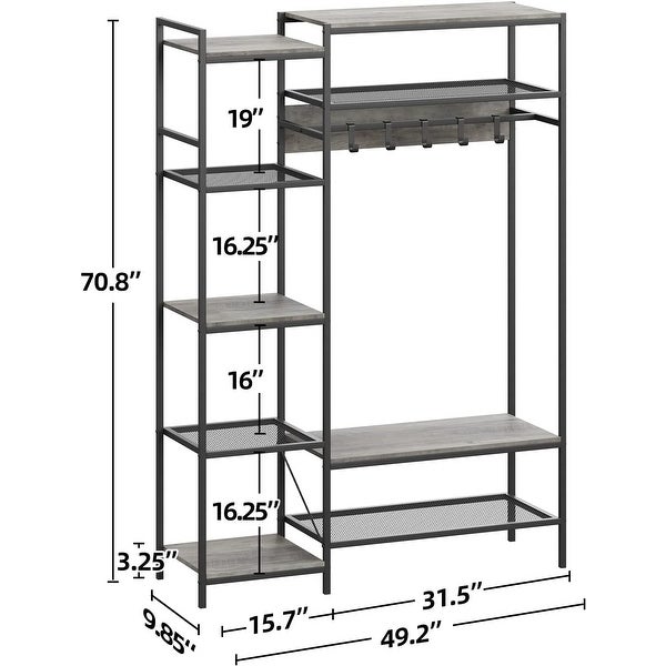 71in Industrial Freestanding Closet Organizer， Clothes Rack Hall Tree with Storage Bench