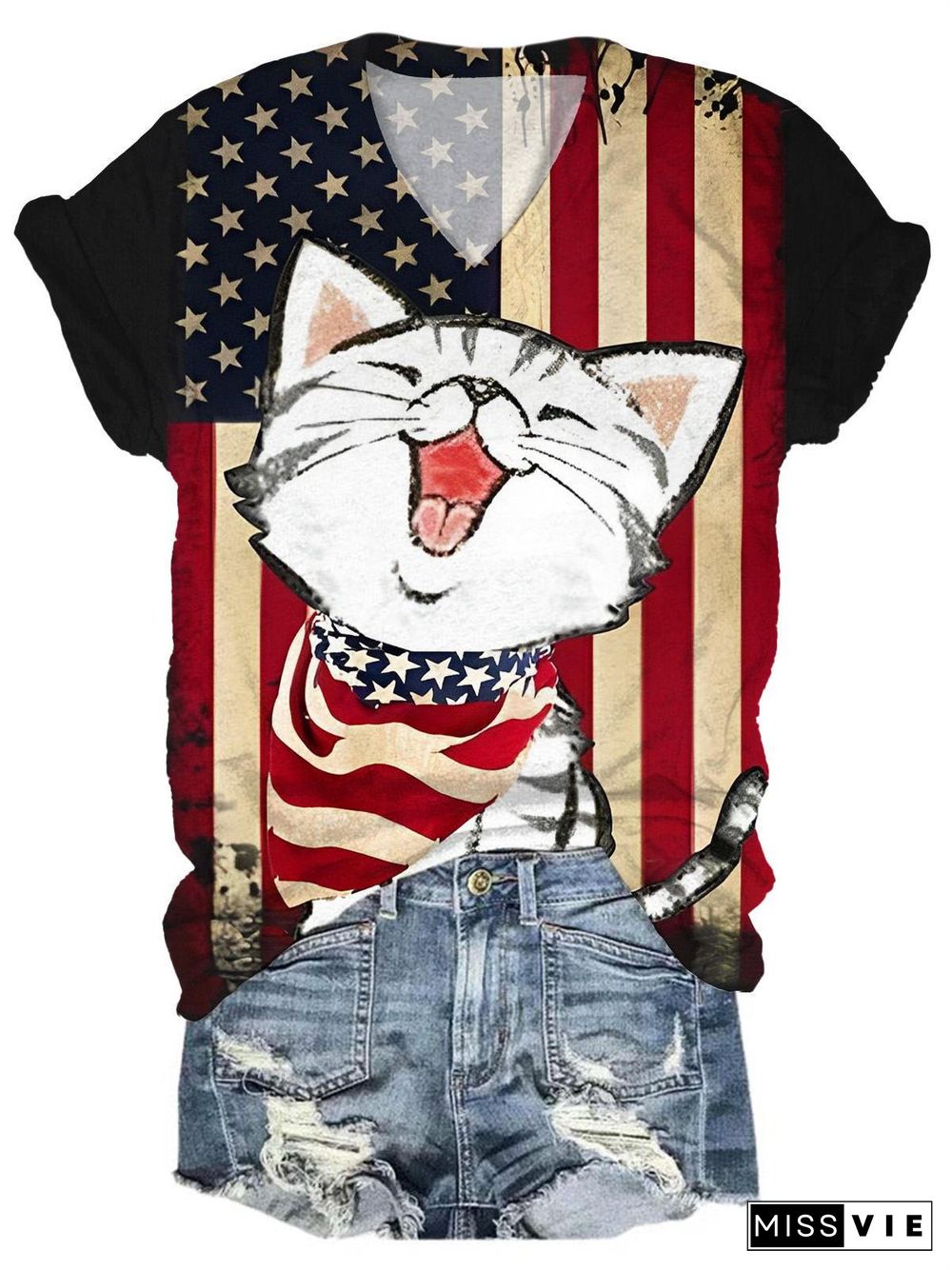 Flag Cat V-Neck Short Sleeve T-Shirt