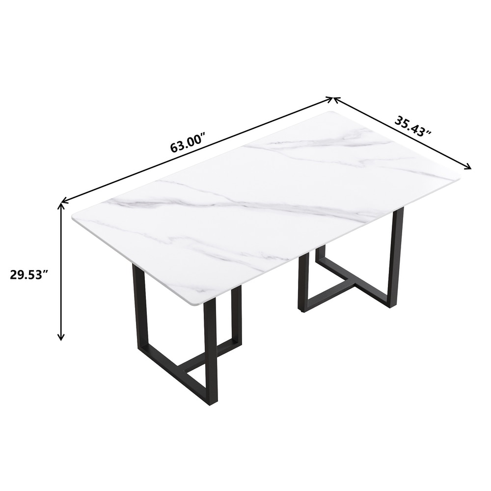 63'' Modern and Minimalist Rectangular Stone Dining Table  Black Metal Frame  Curved Corners