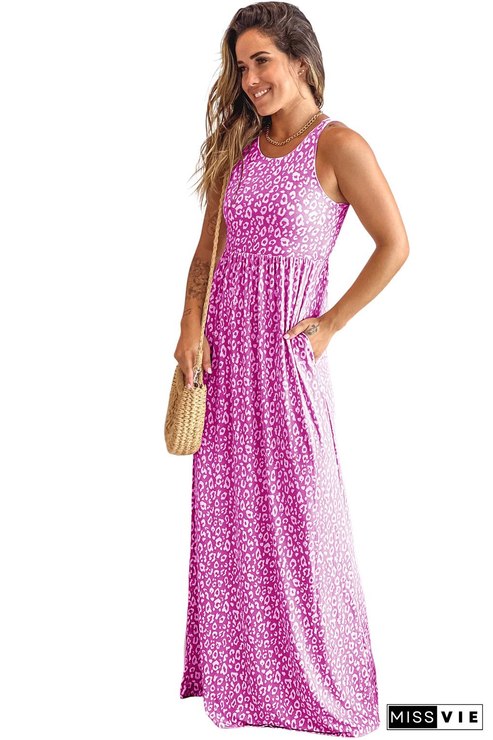 Rose Leopard Print Pocketed Sleeveless Maxi Dress