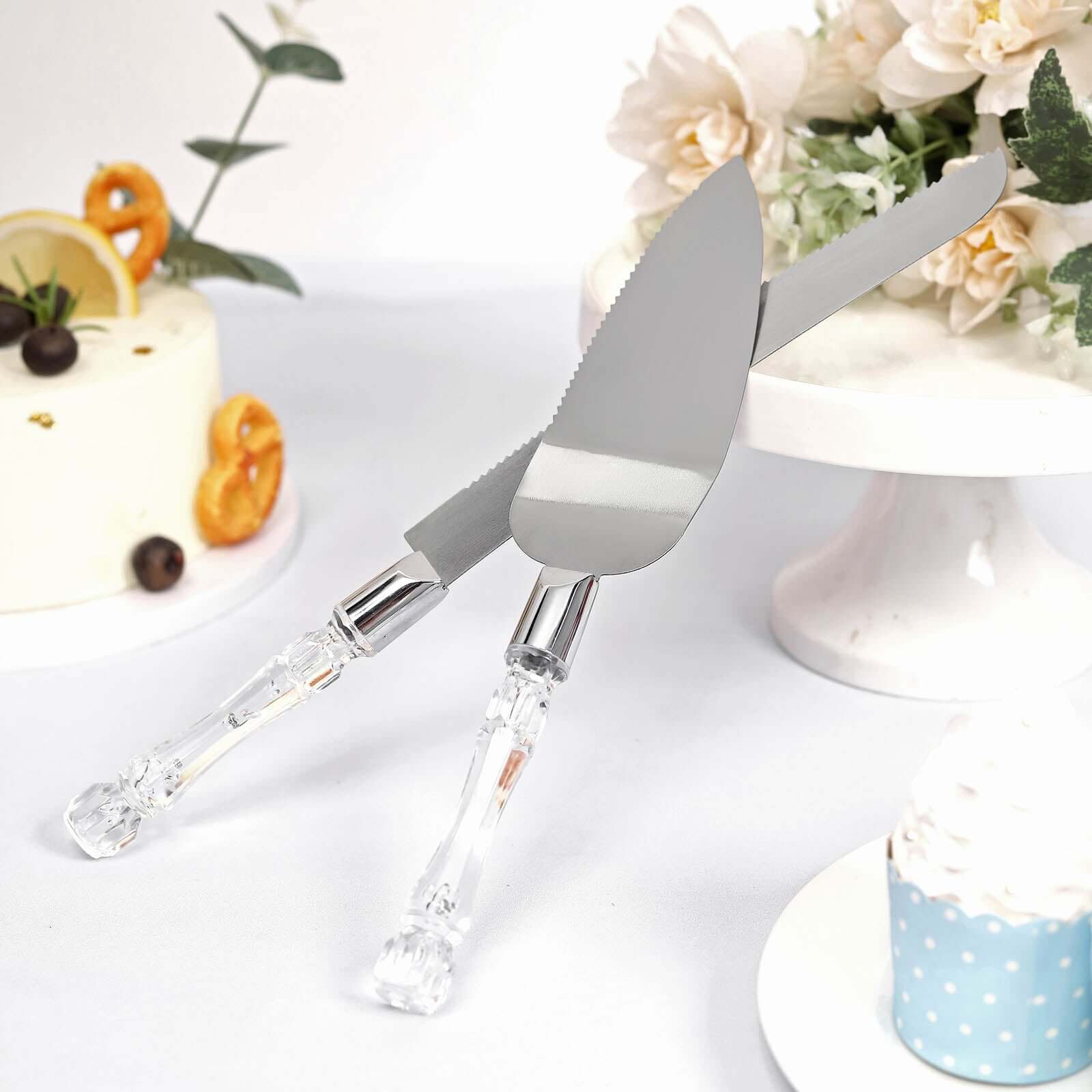 2 Set Stainless Steel Knife and Server Party Favors Set With Clear Acrylic Handle Free Gift Box 10